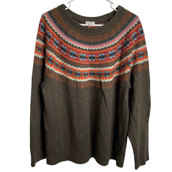 Talbots Womens Tweed Fair Isle Crewneck Sweater XL Olive Classic Cotton Blend - Picture 1 of 5
